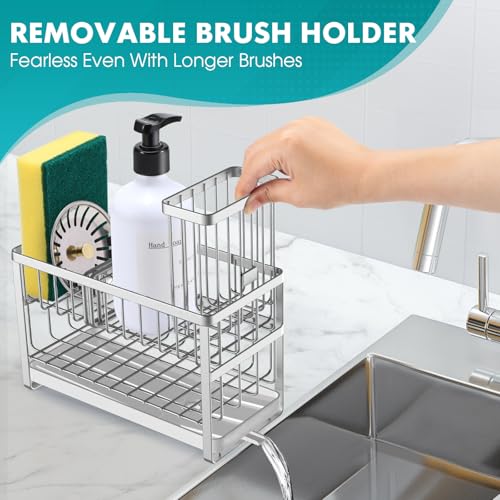 Sinnsally Kitchen Sponge Holder,Sink Caddy Organizer with High Brush Holder,Stainless Steel Sink Box Dish Scrubber Holder,Soap Tray for Kitchen Counter Accessories & Storage Rack (2 Tier - Silver) - color: 2 Tier - Silver