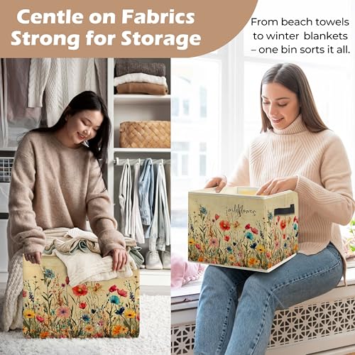 Vintage Wildflower Storage Bin Box with Handles, Rustic Cottagecore Floral Botanical Foldable Linen Fabric Laundry Basket for Home Bedroom Bathroom Clothes Toys Books - color: Floral-G