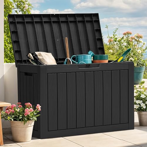 YITAHOME Outdoor Storage Box, 45 Gallon Waterproof Resin Deck Box, Lockable Organizer for Patio, Poolside, Deck, Cushions, Throw Pillows, Garden Tools, Black - color: Black, size: 45 Gallon, style: Deck Box