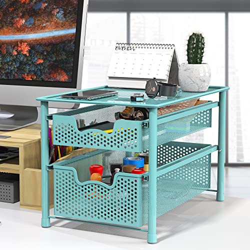 Simple Houseware Stackable 2 Tier Sliding Basket Organizer Drawer, Turquoise - color: Turquoise, size: 2-Tier