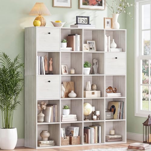 20 Cube Organizer Shelf, White Bookshelf with 3 Fabric Storage Bins, Storage Book Shelf, Freestanding Bookcase for Bedroom Living Room, White Book Case, Office Cubicle Storage Rack - color: Washed White, size: 20 Cube