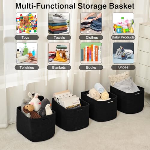 ICERZCZ Storage Baskets for Organizing & Shelves, Woven Cotton Rope Organization Bins for Dog Toys, Clothes, Books, Nursery Organizer, 15" Lx11''Wx9.5''H, (4 Packs) Black - color: Black, size: 15"(L)×11"(W)×9.5"(H)