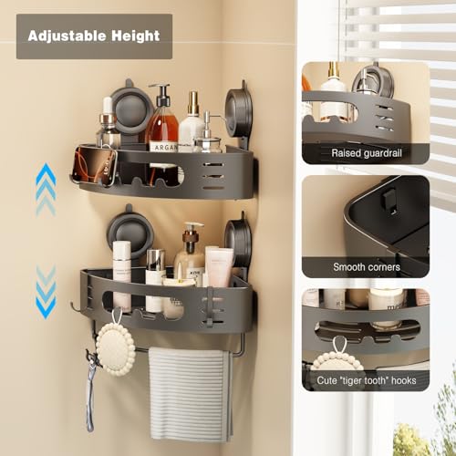 Voldra Corner Shower Caddy Suction Cup, Aluminum Corner Shower Shelves for Wall No Drilling, Large Suction Cup Shower Organizer with Towel Bar & Hooks Removable Bathroom Storage Rack(2 Pack-Gray) - color: Grey-Corners, size: 2 Pack