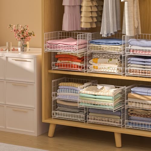Hongtamoya 4-Tier Sliding Closet Organizers and Storage Shelves, Stackable Closet Shelf Organizer Basket Bins, Drawer Shelf Storage Container for Wardrobe Cupboard Kitchen Bathroom Office, White - color: White, size: 12"D x 15.9"W x 31.7"H | Slide-Out