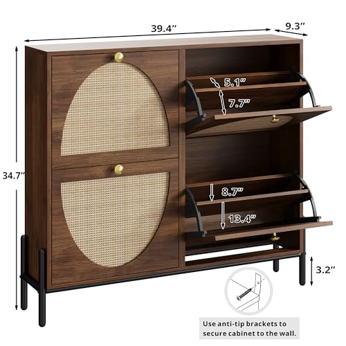IRONCK Rattan Shoe Cabinet Storage with 4 Flip Drawers, Freestanding Shoe Storage Organizer Cabinet for Entryway, Narrow Shoe Rack Cabinet, Walnut - color: Walnut
