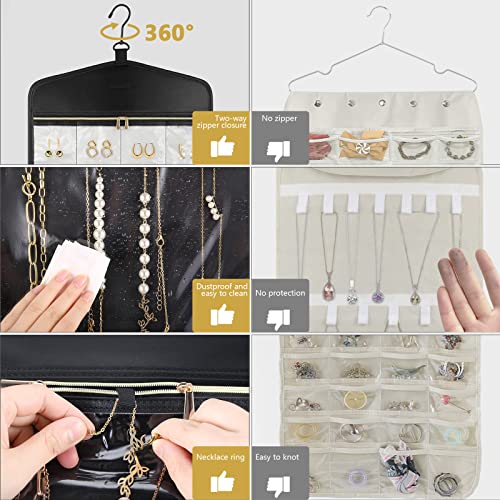 CHICECO Travel Jewelry Holder Organizer,Hanging Jewelry Organizer Storage With Zippered Pockets for Cloest,Wall,Door,Jewelry Holder for Earrings, Necklaces（Beige Black） - color: Beige Black