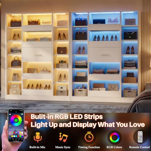 Besiost 40" Closet System with LED Lights, Wooden Closet Organizer System with Drawers & Shelves, Versatile Closet Storage Tower for Walk-in Closets, Shoe Rack and Handbag Storage Cabinet, White - color: White