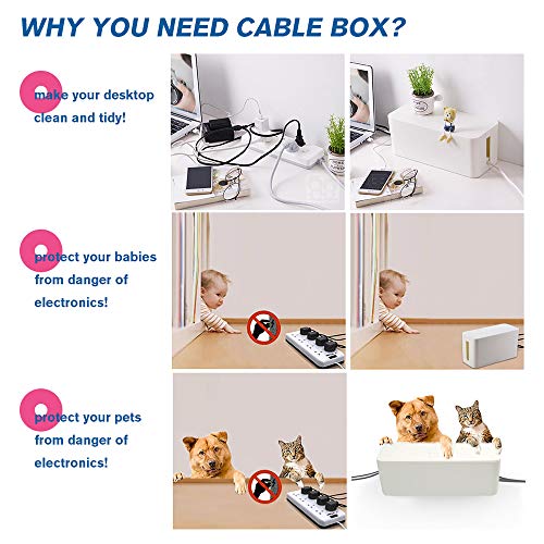 Cable Management Box Organizer, Pack of 2 Wire Concealer to Cover Hide Surge Protector & Power Strip on Desk Floor, with 5 Cord Fastening Tapes for Office, Home, Kitchen (Ice White) - color: White