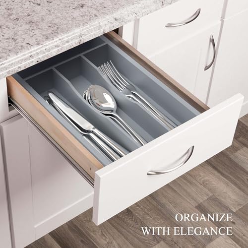 Silverware Organizer, Bamboo Kitchen Drawer Organizer, Utensil Holder, Cutlery Tray & Spoon Flatware Storage with Grooved Drawer Dividers (Grey, 6.7''W x 12''D) - color: Grey, size: 6.7''W x 12''D