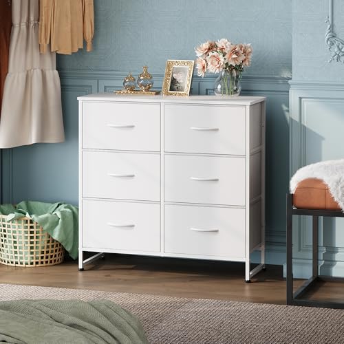 WLIVE White Dresser for Bedroom with 6 Fabric Drawers, Closet Dresser with Metal Frame, Wooden Top, Chest of Drawers for Closet, Living Room, Hallway - color: White