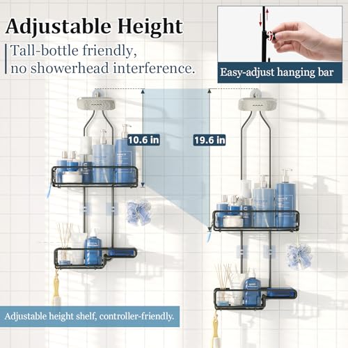 Skyapex Hanging Shower Caddy Bathroom Organizer - Over The Shower Head Adjustable Rack for Tall Showerheads, Extra Large Storage Shelf with Soap Holder for Big Shampoo Bottles - color: Black - 2 Tier