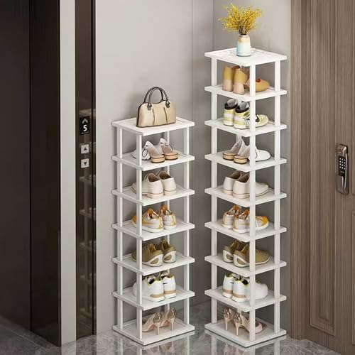 SAN HE Bamboo Shoe Rack 5Tier- Vertical White Shoe Rack for Small Spaces, Tall Narrow Shoe Rack Organizer for Closet Entryway Corner Garage and Bedroom,Skinny Shoe Shelf with Free Stackable DIY - color: White, size: 5-tier