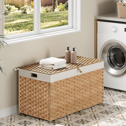 HOOBRO Storage Basket with Lid, 42.3 Gallon (160L) Wicker Basket, Handwoven Blanket Storage Basket with Handles, Metal Frame and Soft Lining, Foldable for Bedroom, Laundry Room, Natural NL216CW01 - color: Natural, size: 29.9"L x 17.7"W x 18.1"H