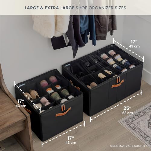 OrganiHaus Large Shoe Storage Bin for Closet, Shoe Organizer Box Fits up to 16 Pairs, Collapsible Fabric Shoe Basket w/Clear Cover, Adjustable Dividers & Reinforced Handles, Black - color: Black