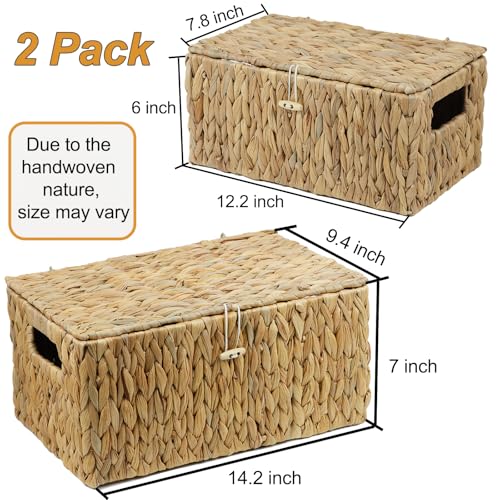 ORDELITE Set of 2 Wicker Basket with Lid, Rectangular Water Hyacinth Storage Baskets for Organizing, Decorative Woven Basket Bins Boxes for Organizing Home - size: 14.2" x 9.4" x 7" + 12.2" x 7.8" x 6"