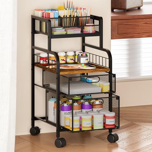 SWTYMIKI Rolling Cart with Drawers - Metal Utility Cart with Wood Shelf, DIY Divider and Locking Wheels, Craft & Art Cart Organizer for Under Desk Storage for Home Office Studio, Espresso - color: 4 Tiers-Espresso, size: 4 Tiers