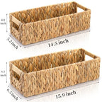 Eorbow 2 Pack Wicker Storage Baskets, Water Hyacinth Holder for Toilet Paper, Rectangular Natural Bins with Built-in Handles, Handwoven Organizer for Bathroom Kitchen Pantry Tank Top, 2 Sizes