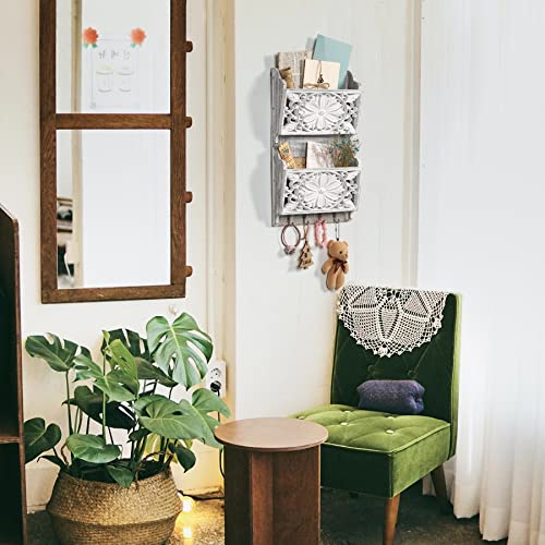 2-Slot Mail Organizer Wall Mount with 4 Hooks, Rustic Key and Mail Holder for Home Decorative, Wooden Key Hangers Wall File Organizer Letter Sorter for Letter Magazines - size: Medium