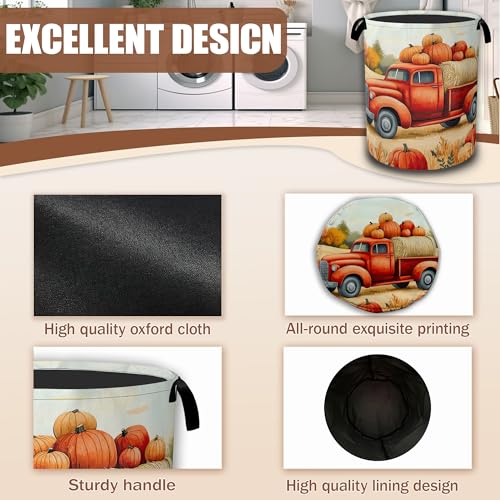Happy Fall Laundry Hamper,Thanksgiving Day Red Truck and Pumpkin Laundry Baskets,Waterproof Oxford Cloth Toy Storage for Bedroom,Bathroom,Nursery,16x20.8 Inch - color: Happy Fall,Thanksgiving Day Red Truck and Pumpkin