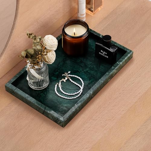 Real Natural Marble Tray for Bathroom, Vanity, Kitchen and Desktop, Rectangle Genuine Marble Stone Tray for Jewelry, Cosmetics, Candles, Lotion, Perfume and Home Decor - color: Green, size: 12" x 8" x 1.2"