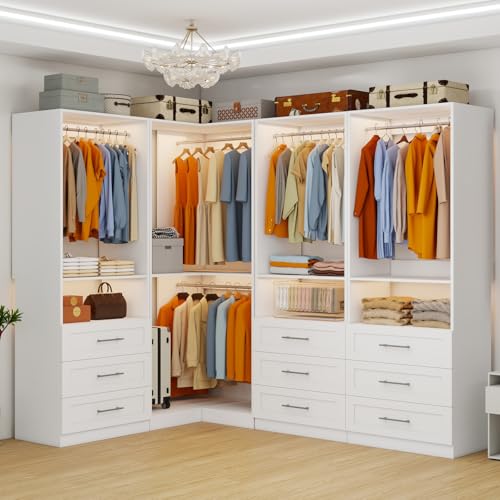 Closet System with 9 Wooden Drawers, 8.5-21.6FT Corner Closet Organizer System,Walk in Closet System with 9 Hanging Rods, Heavy Duty Modular Closet Systems Built-in Shelving System, 4 Sets - color: SL07090909