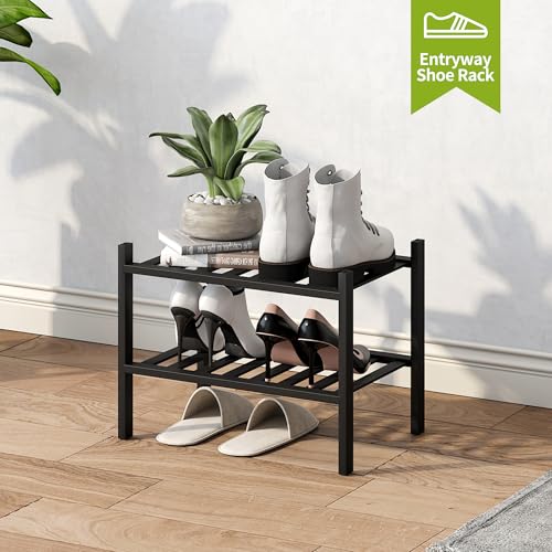 BMOSU 2-Tier Bamboo Small Shoe Rack Premium Stackable Shoe Shelf Storage Organizer for Hallway Closet Living Room Entryway Organizer (Black Bamboo) - color: Black Bamboo, size: Small-2-Tier（17*11*12.6inches）