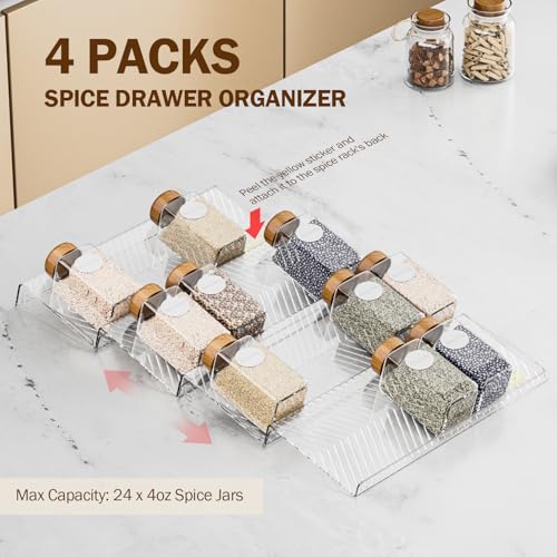 PanPanPal Spice Drawer Organizer, 4 Pack Clear Seasoning Organizer Rack, Expandable From 11" to 22" Wide Kitchen Spice Rack Organizers for Drawer, Countertop (Jars Not Included) - color: Clear, size: 4 Packs - 1 Tier