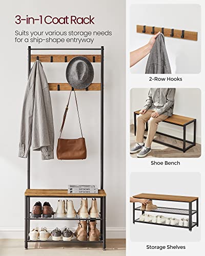 VASAGLE Coat Rack, Hall Tree with Shoe Storage Bench, Entryway Bench with Shoe Storage, 3-in-1, Steel Frame, for Entryway, 12.6 x 27.6 x 68.9 Inches, Industrial, Rustic Walnut and Black UHSR041B41 - color: Rustic Walnut + Black, size: 27.6"W