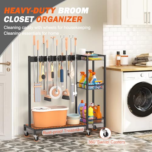 Broom Holder with Cleaning Supplies Organizer, Broom Closet Storage Cabinet with Cleaning Caddy, Cleaning Cart with Mop Hanger Gripper Rack Hooks,Janitorial Housekeeping cart,Laundry Room Organization - size: Large