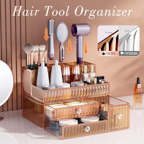 Makeup Organizer Golden- Tempered Glass Vanity Organizer for Cosmetics, Skincare, Hair Tools, Brushes, Perfume - Multipurpose Bathroom Counter Skincare Organizer - color: Golden