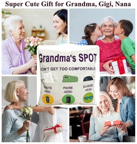 ZUYUROU Grandma Gifts Funny 3 Pocket Throw Pillow Cover for Couch Recliner Sofa, Grandma's Spot Remote Phone Glasses Holder Organizer Cushion Case, Mothers Day, Birthday 18 x 18 Inch - color: Grandma 3-pocket