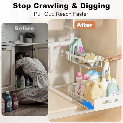 REALINN Under Sink Organizer, Pull Out Cabinet Organizer 2 Tier Slide Out Sink Shelf Cabinet Storage Shelves, Under Sink Storage for Kitchen Bathroom Cabinet, White, 1 Pack - color: White, size: 1 Pack