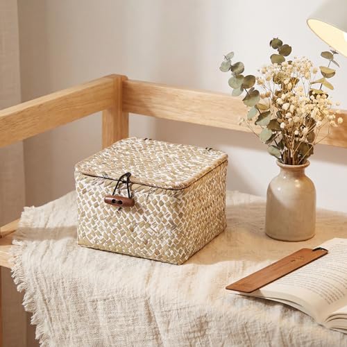 Hipiwe Handwoen Seagrass Basket with Lid Key Holder Box for Entry Decorative Mini Shelf Basket, Whitewash 3.5" x 3.5" x 2" - color: Whitewash color, size: 3.5" x 3.5" x 2"