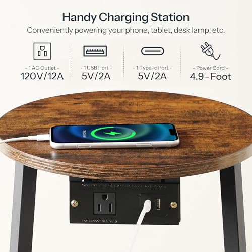 HOOBRO Small Round Side Table with Charging Station, Round End Table with Cotton Linen Storage Basket, Compact Sofa Side Table Nightstand for Small Space, Corner, Living Room, Rustic Brown BF169UBZ01 - color: Rustic Brown + Black