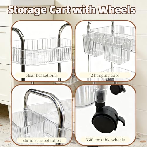2 Tier Utility Rolling Cart with Wheels Sofa Side Table Small Under Desk Storage Organizer, Clear Acrylic Plastic Mobile Trolley Organization Storage Cart for Kitchen Pantry Bathroom Vanity - color: Transparent