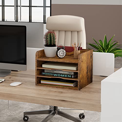 Snughome Vintage Wood File Organizer Desktop, 13.4’’ Document Letter Mail Tray Sorter with 3 Adjustable Shelves, Wooden Desktop Paper File Sorter Holder (Rustic Brown, 13.78’’L x 11.81’’W x 11.02’’H) - size: 13.78’’L x 11.81’’W x 11.02’’H
