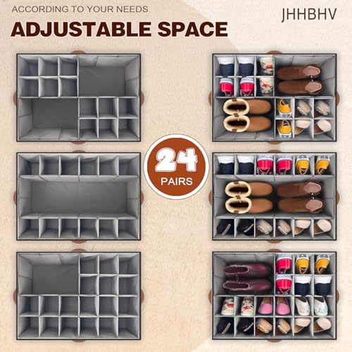 2 Pack Shoe Organizer for Closet, Adjustable Shoe Box Storage Containers, Large Foldable Shoe Bins with Clear Cover, Space Saving Shoes Holder with 4 Handles, Fits 24-48 Pairs, Black - color: Black and Grey, size: (2 Pack) 25 ½"L x 17"W x 12 ½"H