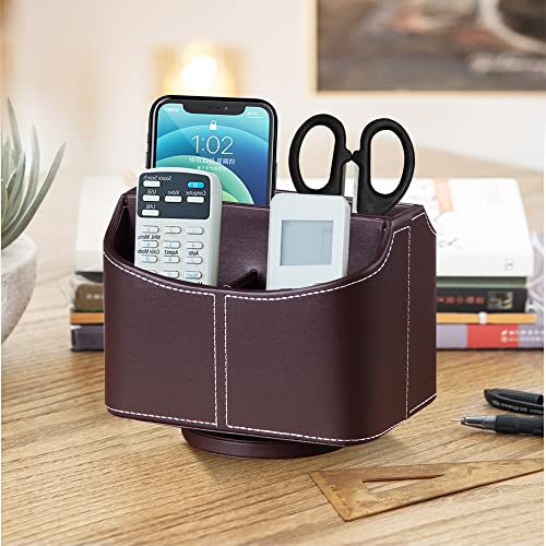 Fanousy 360° Rotating Remote Control Holder, PU Leather TV Remote Caddy Organizer Basket Storage Box with 5 Compartments for Pen, Pencil, Art Supplies, Makeup Brush, Office Desk Table Accessories - color: Brown