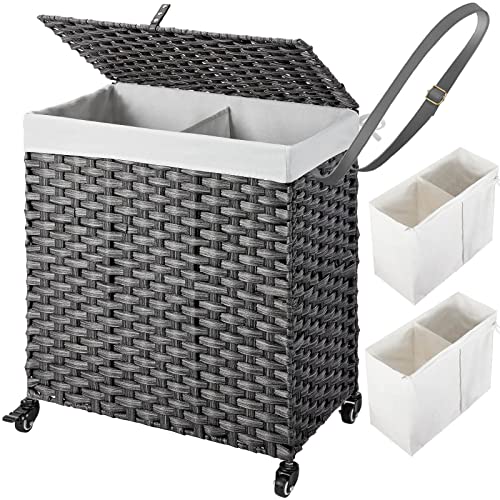 Greenstell Laundry Hamper with Wheels, No Install Needed, 110L Divided Handwoven Hampers & 2 Removable Liner Bags, Rattan Clothes Laundry Basket with Lid & Handles, Foldable Hampers Gray 22x13x26.4 In - color: Gray, size: 110L: 22.0x13.5x26.4 Inches
