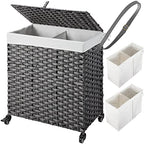 Greenstell Laundry Hamper with Wheels, No Install Needed, 110L Divided Handwoven Hampers & 2 Removable Liner Bags, Rattan Clothes Laundry Basket with Lid & Handles, Foldable Hampers Gray 22x13x26.4 In - color: Gray, size: 110L: 22.0x13.5x26.4 Inches