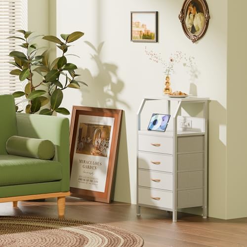 Furnulem Night Stand with Charging Station, Dresser with PVC & Fabric Drawers, 33.3 Inch Side Table with Open Shelf, Tall Bedside Table for Closet, Entryway, Bedroom Furniture, 3 Ways to Use, White - color: White, size: 4 Drawer