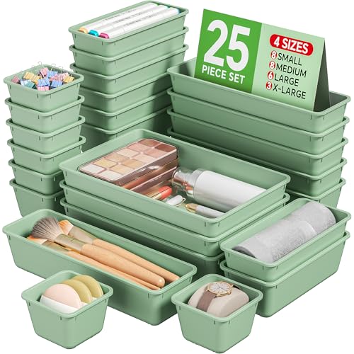 KEMETHY 25 PCS Plastic Drawer Organizers Set, 4 Sizes Vanity Organizer, Makeup and Desk Drawer Organizer Trays, Organization and Storage for Makeup, Bathroom, Kitchen Utensils and Office (Green) - color: Green