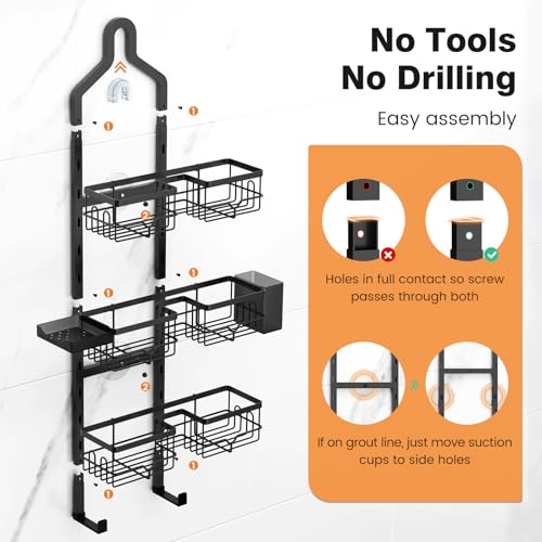 Vatex Shower Caddy Hanging Organizer, 3 Tier Adjustable Bathroom Shelves, Rustproof Over The Showerhead/Door Hanging Shelf for Inside Shower - No Drilling Shower Rack Bath Storage With Soap Holder