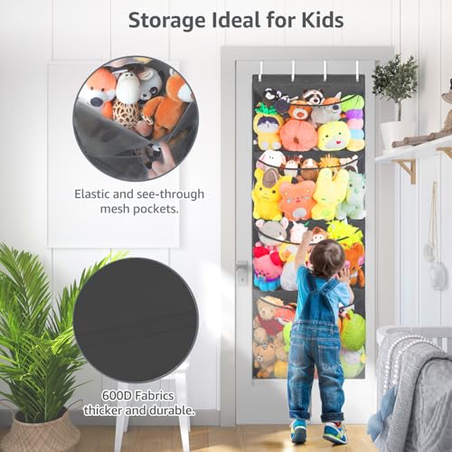 Woodoulogy Hanging Stuffed Animal Storage, Over Door Large Plush Toy Organizer with Metal Hook, Baby Accessory Holder Idea for Nursery, Doll & Bear Mesh Hammock Bag for Girl Boy Kid Room - color: Black