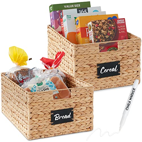 Best Choice Products Pantry Baskets Set of 2 16x12in Water Hyacinth Storage Baskets, Woven Wicker Kitchen Organizers with handles w/Chalkboard Label Chalk Marker - Natural - color: Natural, size: 12x16x8in