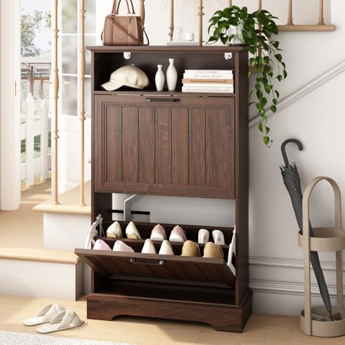 Shoe Storage Cabinet with 2 Flip Drawers, 24" W Farmhouse Modern Hidden Shoes Rack Cabinet with Adjustable Shelves & Open Storage, Narrow Slim Shoe Organizer for Front Door Entrance, Entryway, Walnut - color: Brown, size: 2-Drawers