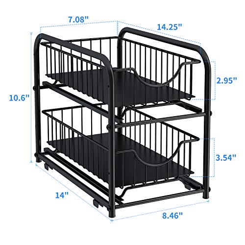 AIYAKA Pull-out Cabinet Organizer, Stackable 2-tier Under Sink Rack, with Sliding Storage Drawer for Pantry, and Desktop, for Bathroom, Kitchen, Office, Black