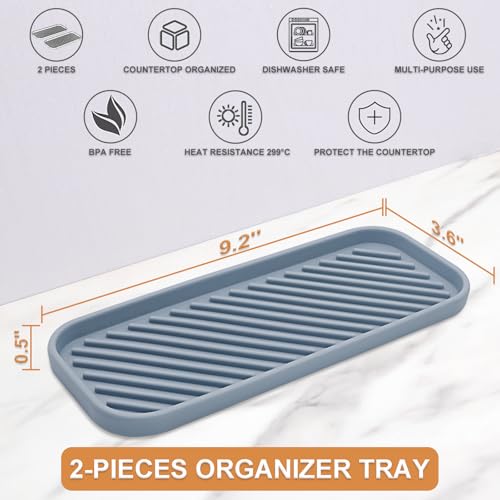 Silicone Organizer Tray, Soap and Sponge Holder for Kitchen Sink, Bathroom - Storage Tray for Dish Brush, Soap Dispenser, Dishwashing Accessories- 2 Pack (Gray) - color: Gray, size: 9.2 x 3.6 x 0.5 inches