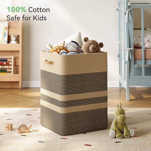 Nunsino 87L Laundry Hamper,Laundry Basket with Leather Handles,Woven Storage Basket for Toys,Pillows,Blankets,Clothes,Dark Brown - color: Dark&Brown, size: 87 L