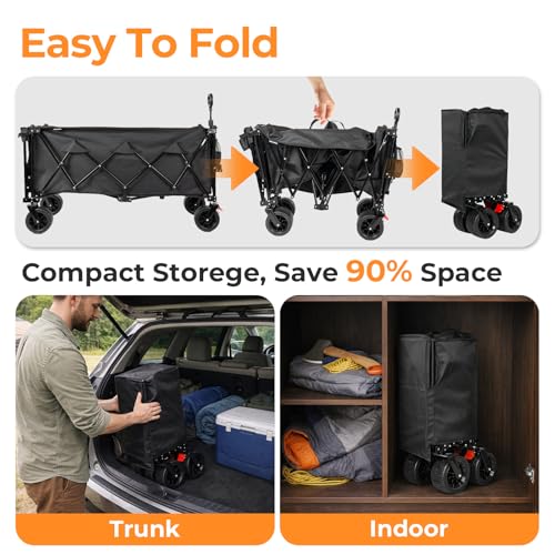 70”L Extender Collapsible Wagon, Extra Long Foldable Wagon Cart with Extended Tailgate, Heavy Duty Rolling Utility Cart with All-Terrain Big Wheels for Transport Sports Beach, Black - size: 360L